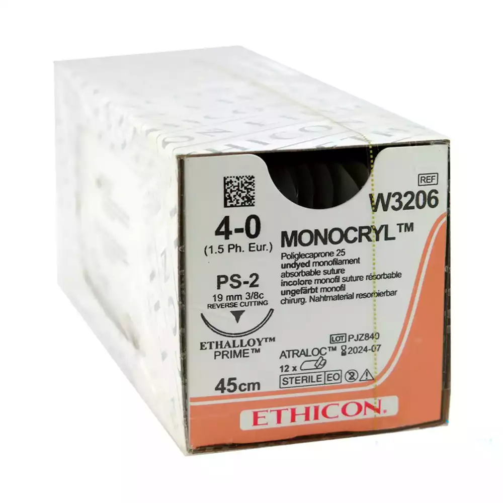 Монокрил М1.5 (4/0) длина 45см, игла П-игла обратно-режущая PS-2 3/8 окружности, длина иглы 19мм, упаковка 12 нитей, неокрашенный W3206